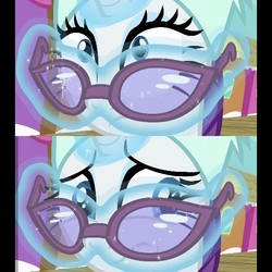 Size: 540x540 | Tagged: safe, edit, screencap, rarity, pony, unicorn, dragon dropped, g4, close-up, concerned, female, glasses, hat, looking up, magic, mare, solo, train, winter outfit