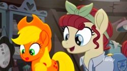 Size: 1366x768 | Tagged: safe, color edit, edit, edited screencap, screencap, applejack, torque wrench, earth pony, pony, g4, my little pony: rainbow roadtrip, atorqueable, colored, cowboy hat, cute, duo, female, hat, mare, overalls, saturated