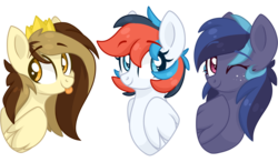 Size: 3500x2048 | Tagged: safe, artist:cinnamontee, oc, oc only, oc:nova, oc:prince whateverer, oc:retro city, pegasus, pony, bust, crown, cute, eyebrows, eyebrows visible through hair, female, jewelry, male, mare, one eye closed, portrait, regalia, simple background, stallion, tongue out, transparent background, wink