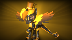 Size: 3840x2160 | Tagged: safe, artist:phoenixtm, oc, oc:phoenix stardash, dracony, hybrid, pony, robot, robot pony, 3d, dracony alicorn, happy, hat, high res, looking at camera, robot dracony, source filmmaker, spread wings, top hat, wings