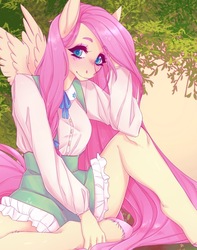 Size: 958x1218 | Tagged: safe, artist:fernybee, fluttershy, pegasus, anthro, unguligrade anthro, g4, blushing, clothes, cute, female, looking at you, mare, shyabetes, sitting, solo