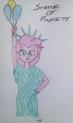 Size: 996x1665 | Tagged: safe, artist:pabrony83, pinkie pie, human, equestria girls, g4, balloon, female, smiling, solo, statue of liberty, traditional art