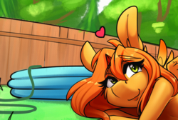 Size: 947x638 | Tagged: safe, artist:sugarlesspaints, oc, oc only, pegasus, pony, cropped, female, fence, heart, outdoors, pegasus oc, smiling, solo, swimming pool, wings