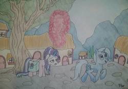 Size: 1142x796 | Tagged: safe, artist:iistarshineii, starlight glimmer, trixie, pony, unicorn, all bottled up, g4, anger magic, duo, female, magic, mare, ponyville, signature, tired, traditional art, tree