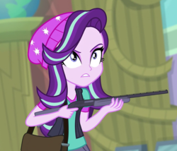 Size: 700x600 | Tagged: safe, edit, edited screencap, editor:ah96, screencap, starlight glimmer, equestria girls, equestria girls specials, g4, my little pony equestria girls: mirror magic, angry, bag, beanie, cropped, delet this, female, gun, hat, ranged weapon, reaction image, shotgun, solo, weapon