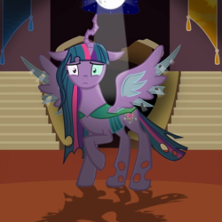 Size: 805x805 | Tagged: safe, artist:mlpconjoinment, queen chrysalis, twilight sparkle, alicorn, changeling, changeling queen, hybrid, pony, g4, changelingified, fanfic, fanfic art, fanfic cover, female, full moon, fusion, heterochromia, moon, queen twilight, raised hoof, shadow, solo, species swap, this will not end well, twilight sparkle (alicorn), twiling, we have become one, worried