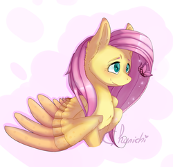 Size: 2360x2265 | Tagged: safe, artist:chunichichuni, fluttershy, butterfly, pegasus, pony, g4, abstract background, blushing, bust, chest fluff, cute, ear fluff, female, high res, looking at something, mare, shyabetes, smiling, solo, spread wings, three quarter view, wings
