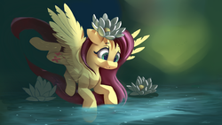 Size: 4000x2250 | Tagged: safe, artist:auroriia, fluttershy, pegasus, pony, g4, cute, female, flower, flower in hair, lilypad, looking at something, looking down, lotus (flower), mare, shyabetes, solo, spread wings, three quarter view, water, wings