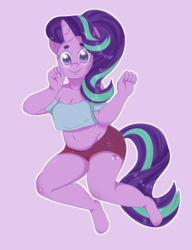 Size: 2000x2600 | Tagged: safe, artist:leslers, starlight glimmer, unicorn, anthro, unguligrade anthro, blushing, clothes, cute, cutie mark, denim shorts, female, glimmerbetes, happy, looking at you, mare, multicolored mane, multicolored tail, purple background, purple eyes, purple fur, sexy, shorts, simple background, smiling, solo, tanktop, tomboy