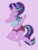 Size: 2000x2600 | Tagged: safe, artist:leslers, starlight glimmer, unicorn, anthro, unguligrade anthro, g4, blushing, clothes, cute, cutie mark, denim shorts, female, glimmerbetes, happy, high res, looking at you, mare, multicolored mane, multicolored tail, purple background, purple eyes, purple fur, sexy, shorts, simple background, smiling, solo, tank top, tomboy