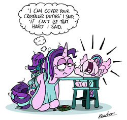 Size: 2155x2044 | Tagged: safe, artist:bobthedalek, princess flurry heart, starlight glimmer, alicorn, pony, unicorn, g4, apron, atg 2019, auntie starlight, bags under eyes, chair, clothes, crying, didn't think this through, duo, female, filly, high res, highchair, instant regret, juice, juice box, mare, messy mane, newbie artist training grounds, reality ensues, regret, screaming, thought bubble, tired