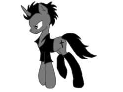 Size: 384x288 | Tagged: safe, artist:ruchiyoto, oc, oc only, oc:black cross, pony, unicorn, boots, clothes, crucifix, edgy, jacket, jumping, male, shoes, simple background, solo, stallion, white background