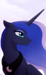 Size: 960x1580 | Tagged: safe, artist:akeahi, princess luna, alicorn, pony, g4, beautiful, cropped, cute, ethereal mane, eyeshadow, female, floppy ears, flowing mane, folded wings, frown, looking away, lunabetes, makeup, mare, missing accessory, solo, wings