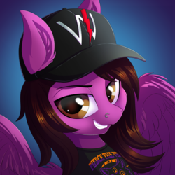 Size: 3000x3000 | Tagged: safe, artist:ask-colorsound, pegasus, pony, bust, cap, clothes, commission, grin, hair over one eye, hat, high res, looking at you, male, nose piercing, pierce the veil, piercing, ponified, shirt, smiling, smug, solo, spread wings, stallion, vic fuentes, wings, ych result