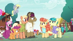 Size: 1920x1080 | Tagged: safe, screencap, aunt holiday, auntie lofty, babs seed, cheerilee, derpy hooves, mane allgood, pipsqueak, scootaloo, snap shutter, trouble shoes, twist, earth pony, pegasus, pony, g4, the last crusade, colt, female, male, mare, stallion