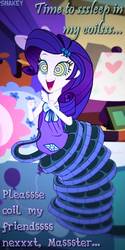 Size: 632x1264 | Tagged: safe, artist:snakeythingy, rarity, equestria girls, g4, bedroom, clothes, coiling, coils, cute, female, hypno eyes, hypnority, hypnosis, kaa, kaa eyes, massage, mind control, nightgown, pajamas, peril, sexy, sleeping, smiling, solo, story included, text