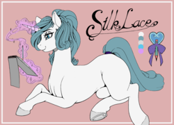 Size: 3507x2530 | Tagged: safe, artist:longinius, oc, oc only, oc:silk lace, pony, unicorn, cutie mark, female, high res, magic, mare, pencil, reference sheet, simple background, sketchpad, solo, tail wrap, telekinesis, text, underhoof