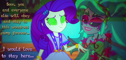 Size: 1300x620 | Tagged: safe, artist:snakeythingy, gaea everfree, gloriosa daisy, rarity, equestria girls, g4, my little pony equestria girls: legend of everfree, bracelet, camp everfree, camp everfree outfits, camp fashion show outfit, clothes, cute, female, geode of shielding, hypno eyes, hypnosis, hypnotized, jewelry, solo, story included, text