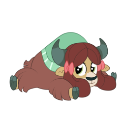 Size: 3000x3000 | Tagged: safe, artist:squipycheetah, yona, yak, g4, bow, cloven hooves, cute, female, hair bow, happy, high res, horn, looking back, monkey swings, prone, simple background, sitting, smiling, solo, transparent background, yonadorable