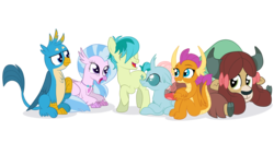 Size: 3902x2043 | Tagged: safe, artist:squipycheetah, gallus, ocellus, sandbar, silverstream, smolder, yona, changedling, changeling, classical hippogriff, dragon, earth pony, griffon, hippogriff, pony, yak, g4, bow, cute, cutie mark, diaocelles, diastreamies, dragoness, female, gallabetes, hair bow, happy, high res, jewelry, laughing, looking back, looking up, male, monkey swings, necklace, open mouth, sandabetes, simple background, sitting, smiling, smolderbetes, student six, teenaged dragon, teenager, transparent background, yonadorable