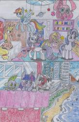 Size: 1536x2363 | Tagged: safe, artist:nephilim rider, applejack, fluttershy, pinkie pie, rainbow dash, rarity, spike, starlight glimmer, twilight sparkle, oc, oc:heaven lost, dragon, g4, city, nephilim, ocean, traditional art, winged spike, wings