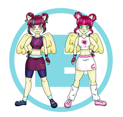 Size: 2244x2126 | Tagged: safe, artist:neko-inori, majorette, sour sweet, sweeten sour, pegasus, pony, equestria girls, g4, my little pony equestria girls: friendship games, belly button, clothes, exeron fighters, exeron gloves, exeron outfit, hand on hip, high res, leg warmers, midriff, ponied up, pony ears, skirt, sports bra, sweetly and sourly, wings