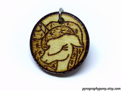 Size: 2560x1920 | Tagged: safe, artist:aracage, princess luna, alicorn, pony, g4, bust, craft, etsy, eyes closed, female, floppy ears, irl, keychain, photo, pyrography, smiling, solo, traditional art, woodwork