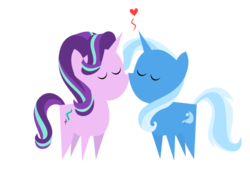 Size: 700x500 | Tagged: safe, artist:the smiling pony, starlight glimmer, trixie, pony, g4, eyes closed, female, floating heart, heart, kissing, lesbian, pointy ponies, ship:startrix, shipping