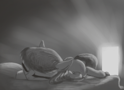 Size: 1788x1304 | Tagged: safe, artist:t72b, derpibooru exclusive, octavia melody, earth pony, pony, g4, atg 2019, backlighting, bed, female, monochrome, newbie artist training grounds, prone, sleeping, solo, squishy cheeks, tired