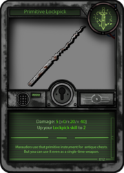 Size: 999x1384 | Tagged: safe, artist:devorierdeos, fallout equestria, lockpick, no pony, text, trading card, weapon