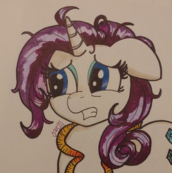 Size: 2232x2240 | Tagged: safe, artist:iffoundreturntorarity, rarity, pony, g4, atg 2019, exhausted, floppy ears, high res, measuring tape, messy mane, newbie artist training grounds, tired, traditional art