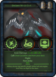 Size: 999x1384 | Tagged: safe, artist:devorierdeos, owl, pony, robot, fallout equestria, drone, owl-bot, solo, text, trading card