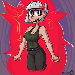 Size: 900x900 | Tagged: safe, artist:duckoiii, limestone pie, human, g4, angry, breasts, busty limestone pie, clothes, cross-popping veins, humanized, pants, shirt, solo