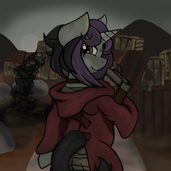 Size: 2000x2000 | Tagged: safe, artist:devorierdeos, oc, oc only, oc:belata castial, pony, unicorn, fallout equestria, armor, book, clothes, fanfic, fanfic art, female, high res, hooves, horn, looking at you, looking back, looking back at you, mare, power armor, solo