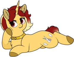 Size: 999x774 | Tagged: safe, artist:69beas, oc, oc only, oc:jessie feuer, pony, unicorn, chest fluff, collar, colored hooves, digital art, fangs, female, lying down, mare, prone, simple background, solo, transparent background