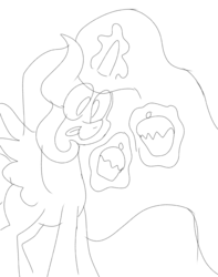 Size: 788x1000 | Tagged: safe, artist:treble clefé, princess celestia, alicorn, pony, g4, cake, cute, female, food, glowing horn, horn, levitation, licking, licking lips, lineart, magic, monochrome, sketch, smiling, solo, telekinesis, tongue out, younger