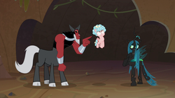 Size: 1280x720 | Tagged: safe, screencap, cozy glow, lord tirek, queen chrysalis, centaur, changeling, changeling queen, pegasus, pony, frenemies (episode), g4, argument, aside glance, cloven hooves, cozy glow is best facemaker, cozy glow is not amused, eyeroll, faic, female, filly, foal, male, pointing, raised hoof