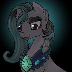 Size: 2000x2000 | Tagged: safe, artist:devorierdeos, oc, oc only, pony, blushing, bust, ear piercing, fangs, female, gradient background, high res, mare, piercing, solo