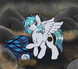 Size: 2600x2300 | Tagged: safe, artist:devorierdeos, oc, oc only, oc:vinyl dask, pegasus, pony, fallout equestria, commission, crate, fanfic, fanfic art, female, grand pegasus enclave, high res, hooves, mare, multiple variants, solo, spread wings, wings