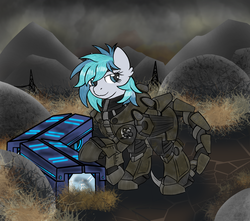 Size: 2600x2300 | Tagged: safe, alternate version, artist:devorierdeos, oc, oc only, oc:vinyl dask, pegasus, pony, fallout equestria, armor, commission, crate, dashite, enclave, enclave armor, fanfic, fanfic art, female, grand pegasus enclave, high res, hooves, mare, multiple variants, power armor, solo, wings