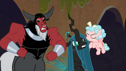 Size: 1280x720 | Tagged: safe, screencap, cozy glow, lord tirek, queen chrysalis, centaur, changeling, changeling queen, pegasus, pony, frenemies (episode), g4, angry, cozy glow is not amused, eyes closed, female, filly, foal, male, trio