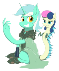 Size: 3000x3619 | Tagged: safe, artist:janji009, part of a set, bon bon, lyra heartstrings, sweetie drops, monster pony, g4, armor, bon bon is not amused, card game, clothes, crossover, female, fusion, hand, high res, magic the gathering, mare, mutant, part of a series, ravnica, robe, simic combine, simple background, species swap, that pony sure does love hands, transparent background, unamused