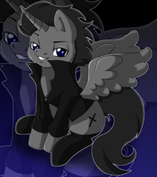 Size: 1276x1434 | Tagged: safe, artist:ruchiyoto, oc, oc only, oc:black cross, alicorn, pony, boots, clothes, crucifix, grin, horn, jacket, male, shoes, sitting, smiling, solo, stallion, wings, zoom layer
