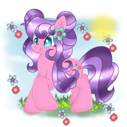 Size: 3000x3000 | Tagged: safe, artist:doraeartdreams-aspy, petunia petals, pony, g4, rainbow roadtrip, cute, female, flower, high res, pigtails, smiling, solo, sun