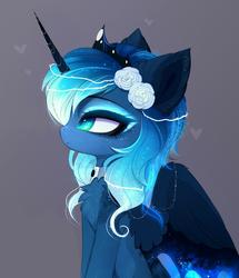 Size: 1550x1804 | Tagged: safe, artist:magnaluna, princess luna, alicorn, pony, chest fluff, crown, cute, ear fluff, female, flower, flower in hair, gray background, heart, jewelry, lunabetes, mare, profile, regalia, rose, simple background, solo, wing fluff