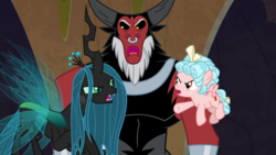 Size: 1920x1080 | Tagged: safe, screencap, cozy glow, lord tirek, queen chrysalis, centaur, changeling, changeling queen, pegasus, pony, frenemies (episode), g4, angry, animation error, argument, cozy glow is not amused, female, filly, foal, male, no ears, nose piercing, nose ring, piercing, septum piercing, trio