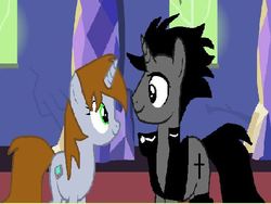 Size: 542x408 | Tagged: artist needed, safe, oc, oc only, oc:black cross, oc:littlepip, pony, unicorn, fallout equestria, boots, clothes, crucifix, fanfic, fanfic art, female, friendship, horn, jacket, male, mare, not shipping, photo, shoes, smiling, stallion