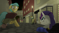 Size: 1920x1080 | Tagged: safe, artist:eagle1division, rarity, oc, pony, a world apart, fanfic:tapestry: a world apart, g4, alternate timeline, alternate universe, breath, city, cloak, clothes, cobblestone street, cold, confused, dress, fanfic art, floppy ears, lamppost, lidded eyes, open mouth, scared, scuff mark, shirt, shoes, socks, street, striped socks