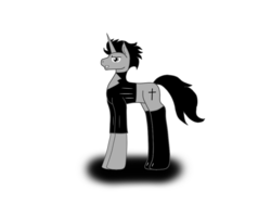 Size: 1024x768 | Tagged: safe, artist:ruchiyoto, oc, oc only, oc:black cross, pony, unicorn, boots, clothes, crucifix, jacket, male, shadow, shoes, simple background, solo, stallion, white background