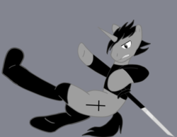 Size: 728x566 | Tagged: safe, artist:ruchiyoto, edit, oc, oc only, oc:black cross, pony, unicorn, boots, clothes, crucifix, edgy, jacket, kicking, male, shoes, solo, stallion, sword, weapon